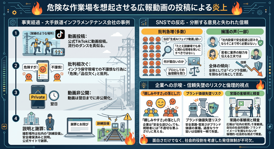 危険な作業場を想起させる広報動画の投稿による炎上